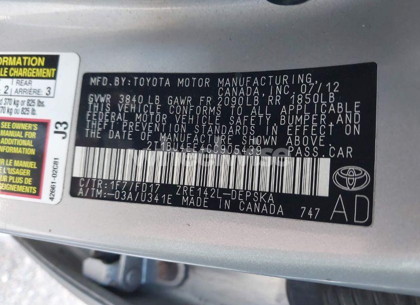 Photo 9 of 2012 Toyota Corolla S (VIN 2T1BU4EE4CC905439)