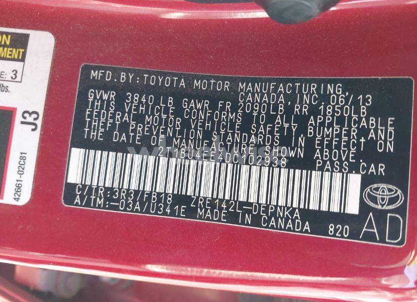 Photo 9 of 2013 Toyota Corolla LE (VIN 2T1BU4EE4DC102938)