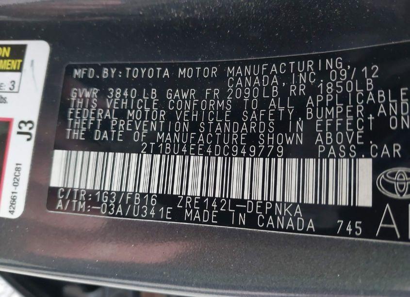 Photo 9 of 2013 Toyota Corolla LE (VIN 2T1BU4EE4DC949779)