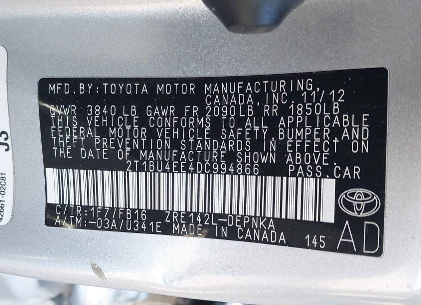 Photo 9 of 2013 Toyota Corolla LE (VIN 2T1BU4EE4DC994866)