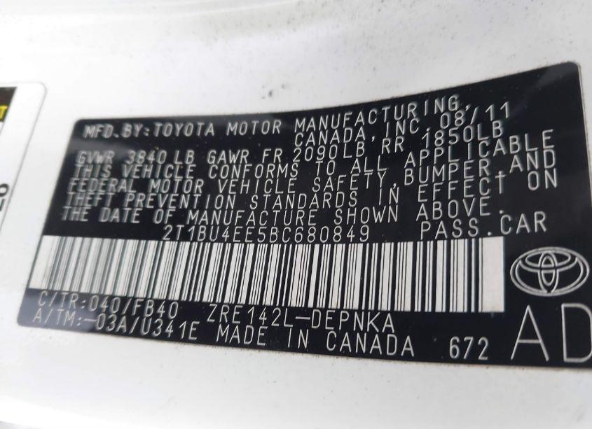 Photo 9 of 2011 Toyota Corolla LE (VIN 2T1BU4EE5BC680849)