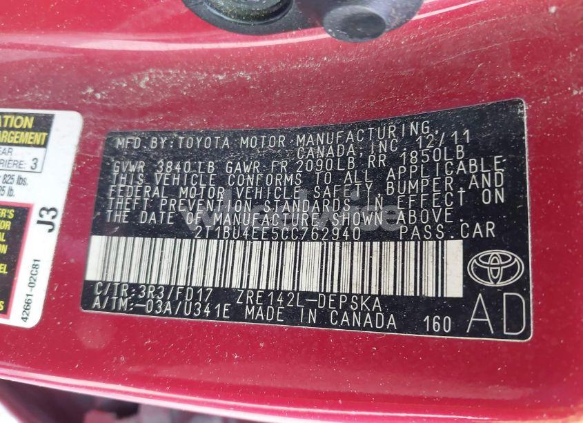 Photo 9 of 2012 Toyota Corolla S (VIN 2T1BU4EE5CC762940)