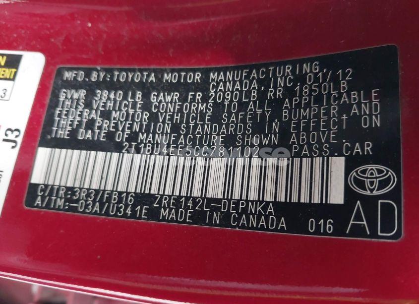 Photo 9 of 2012 Toyota Corolla LE (VIN 2T1BU4EE5CC781102)