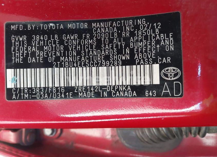 Photo 9 of 2012 Toyota Corolla LE (VIN 2T1BU4EE5CC799289)