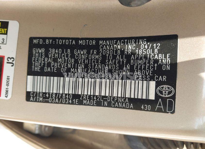 Photo 9 of 2012 Toyota Corolla LE (VIN 2T1BU4EE5CC838382)