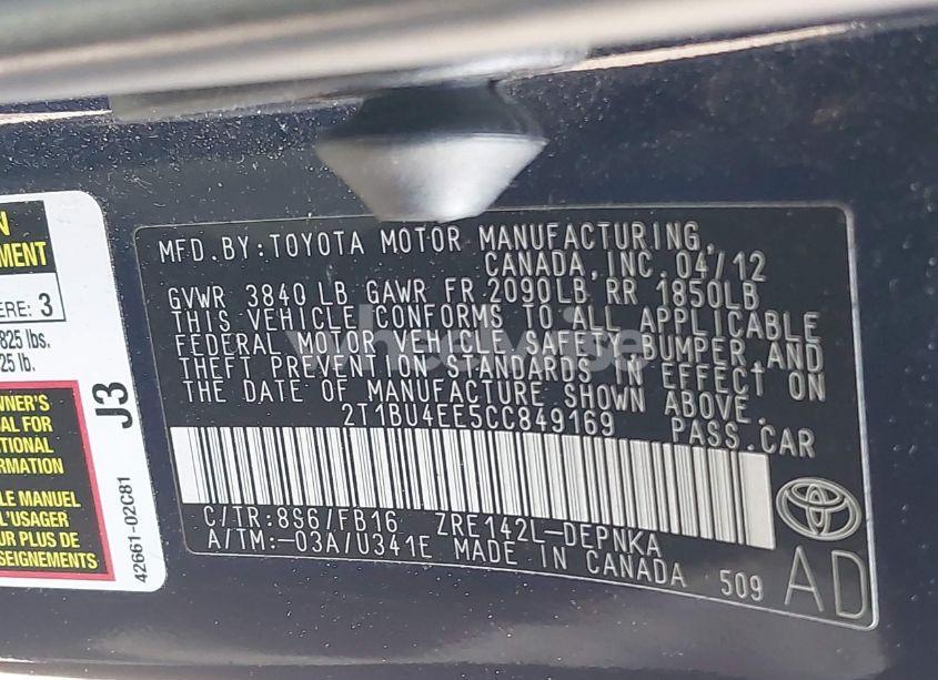 Photo 9 of 2012 Toyota Corolla LE (VIN 2T1BU4EE5CC849169)