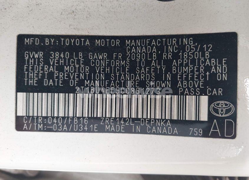 Photo 9 of 2012 Toyota Corolla LE (VIN 2T1BU4EE5CC861273)