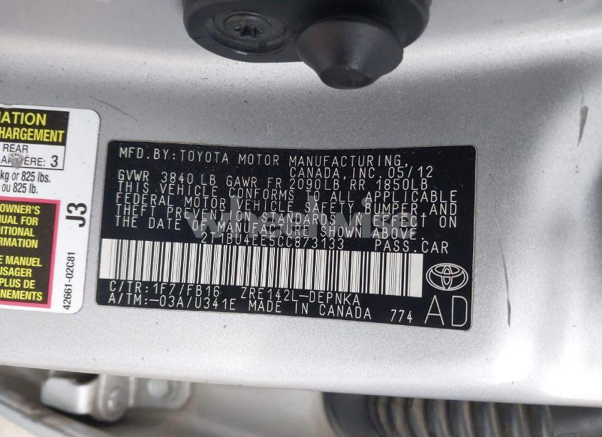 Photo 9 of 2012 Toyota Corolla LE (VIN 2T1BU4EE5CC873133)