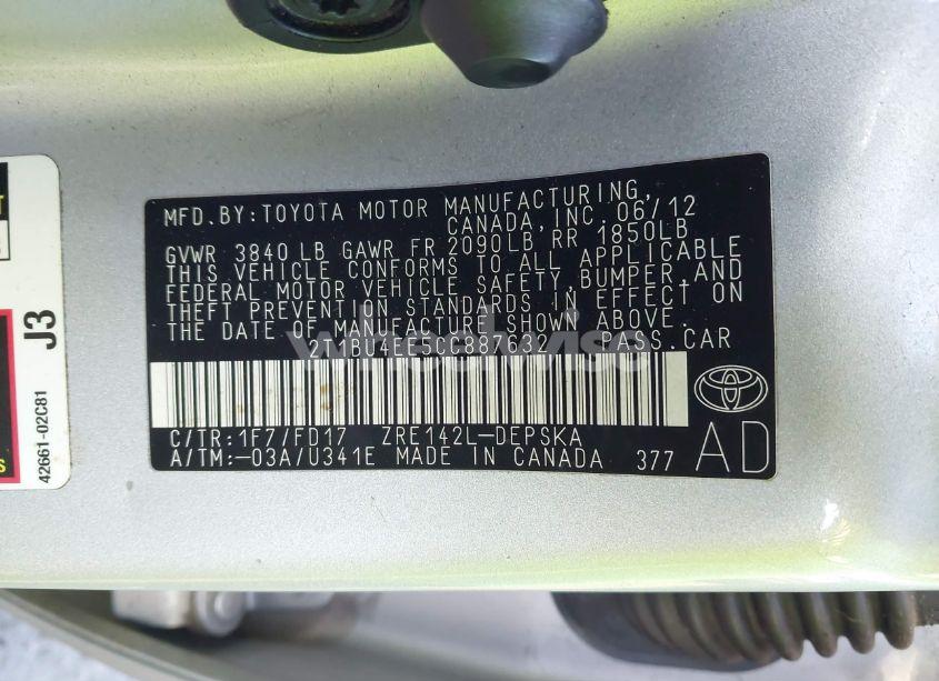 Photo 9 of 2012 Toyota Corolla S (VIN 2T1BU4EE5CC887632)