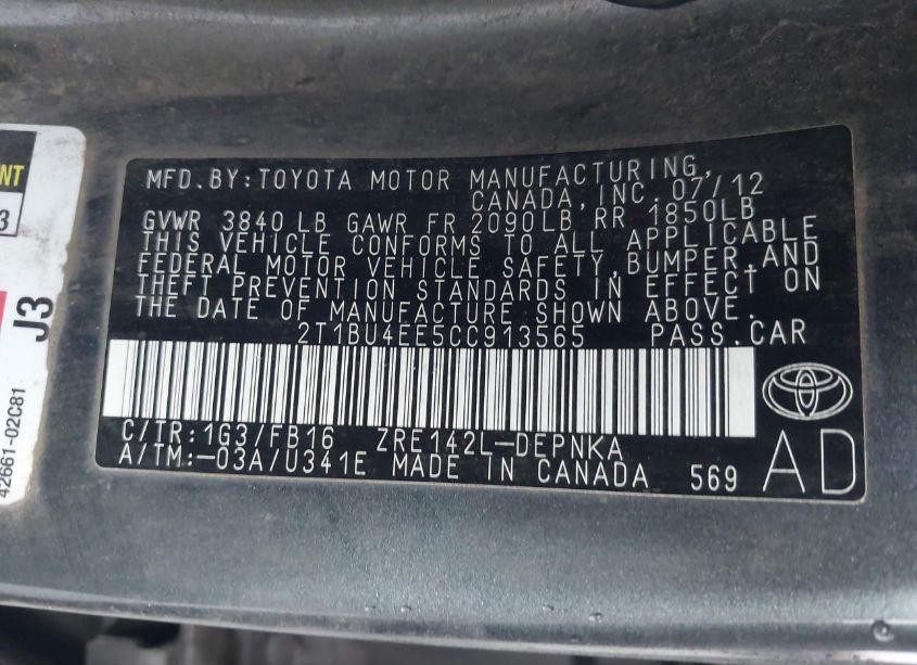 Photo 9 of 2012 Toyota Corolla LE (VIN 2T1BU4EE5CC913565)