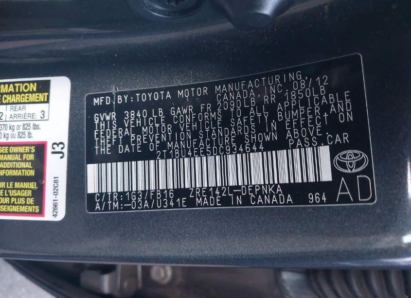 Photo 9 of 2013 Toyota Corolla LE (VIN 2T1BU4EE5DC934644)