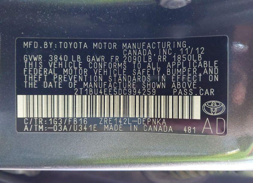 Photo 9 of 2013 Toyota Corolla LE (VIN 2T1BU4EE5DC994259)