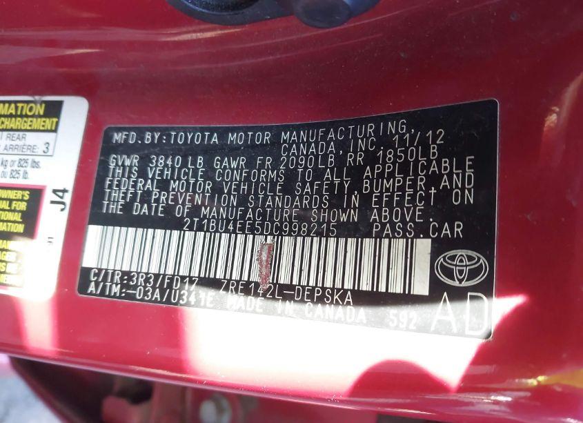 Photo 9 of 2013 Toyota Corolla S (VIN 2T1BU4EE5DC998215)