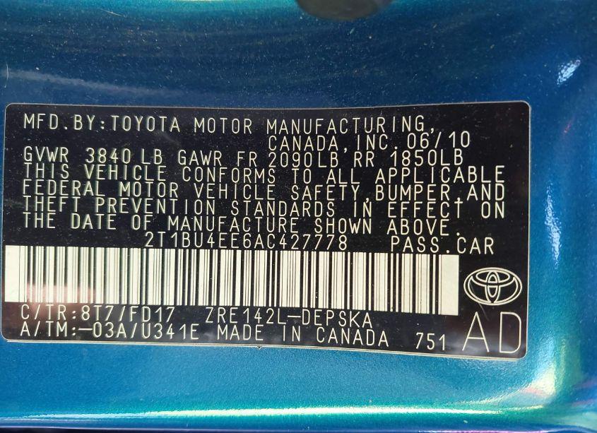 Photo 9 of 2010 Toyota Corolla S (VIN 2T1BU4EE6AC427778)