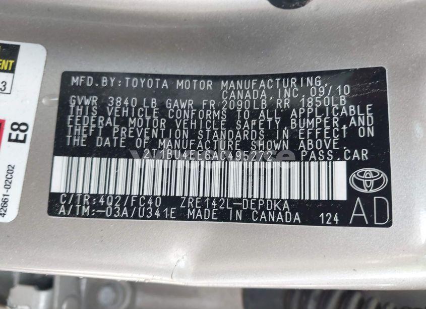 Photo 9 of 2010 Toyota Corolla LE (VIN 2T1BU4EE6AC495272)