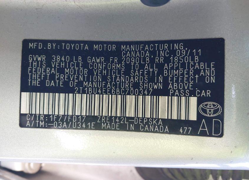 Photo 9 of 2011 Toyota Corolla S (VIN 2T1BU4EE6BC700347)