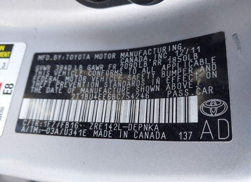 Photo 9 of 2011 Toyota Corolla LE (VIN 2T1BU4EE6BC754246)