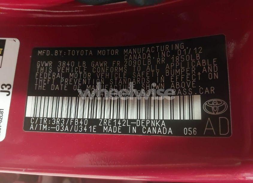 Photo 9 of 2012 Toyota Corolla S/LE (VIN 2T1BU4EE6CC775504)