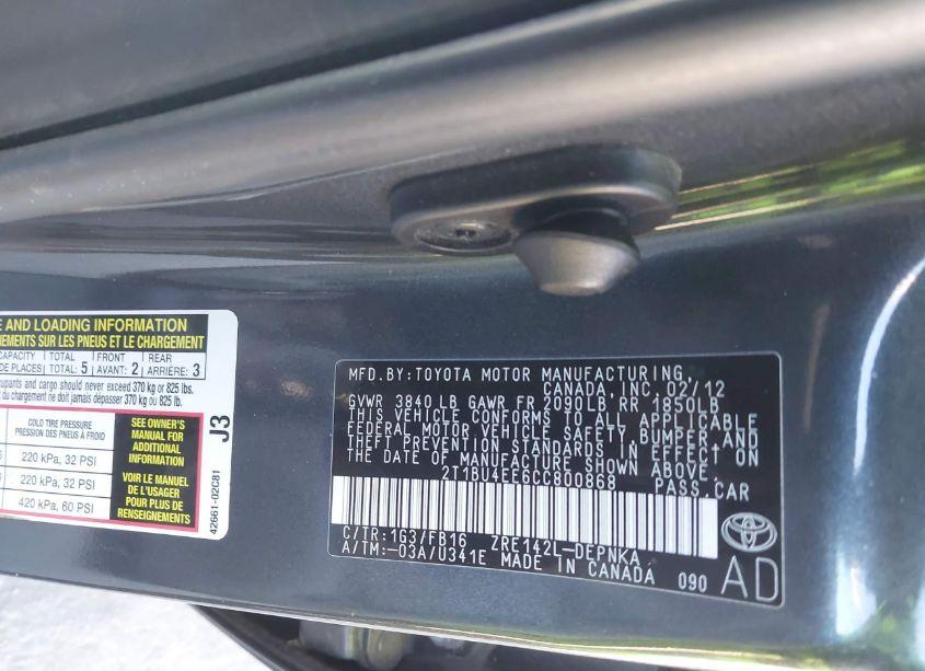 Photo 9 of 2012 Toyota Corolla LE (VIN 2T1BU4EE6CC800868)