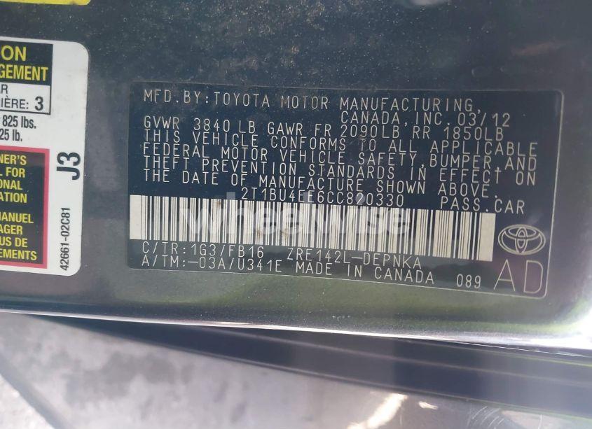 Photo 9 of 2012 Toyota Corolla LE (VIN 2T1BU4EE6CC820330)