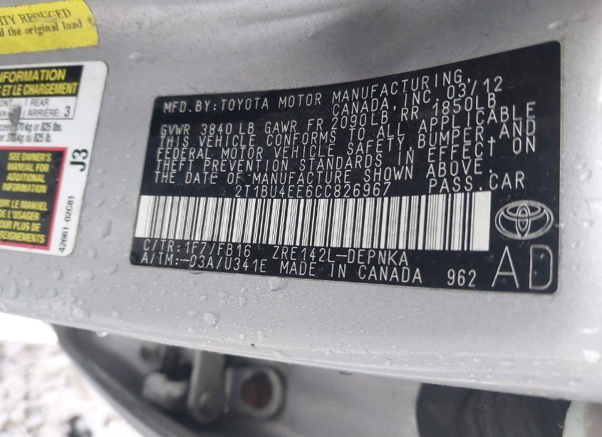 Photo 9 of 2012 Toyota Corolla LE (VIN 2T1BU4EE6CC826967)