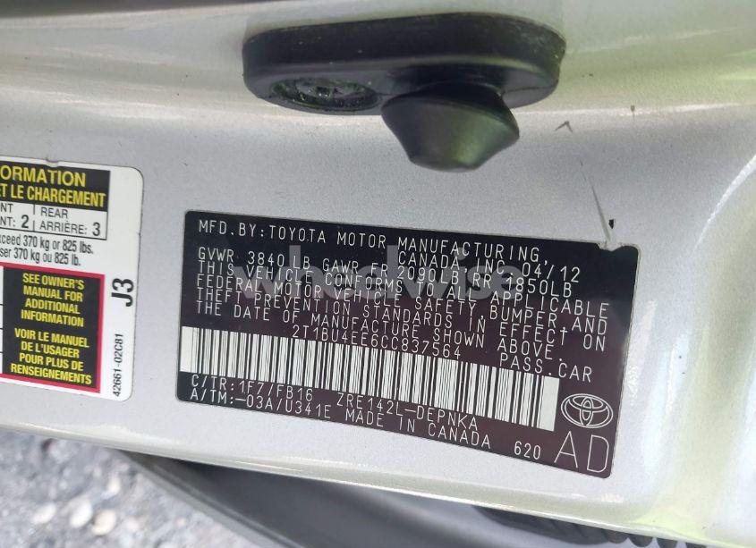 Photo 9 of 2012 Toyota Corolla LE (VIN 2T1BU4EE6CC837564)