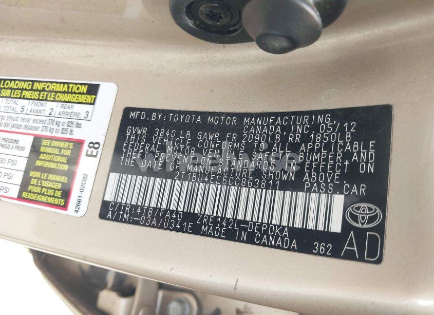 Photo 9 of 2012 Toyota Corolla L (VIN 2T1BU4EE6CC863811)