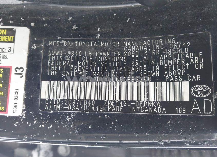 Photo 9 of 2012 Toyota Corolla LE (VIN 2T1BU4EE6CC893388)