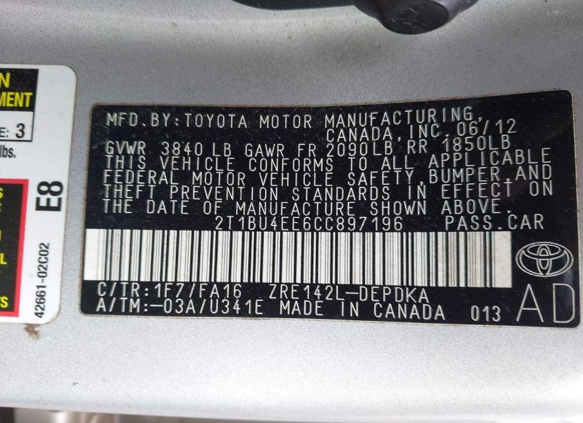 Photo 9 of 2012 Toyota Corolla L (VIN 2T1BU4EE6CC897196)