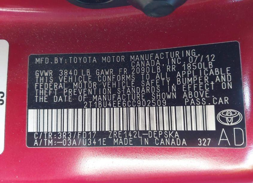 Photo 9 of 2012 Toyota Corolla S (VIN 2T1BU4EE6CC902509)