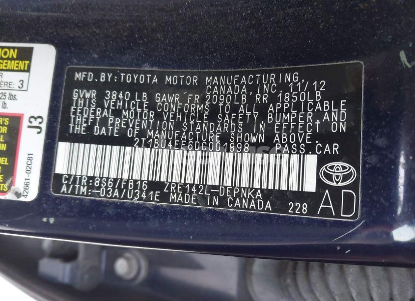 Photo 9 of 2013 Toyota Corolla LE (VIN 2T1BU4EE6DC001898)