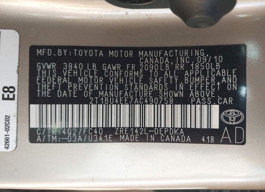 Photo 9 of 2010 Toyota Corolla LE (VIN 2T1BU4EE7AC490758)