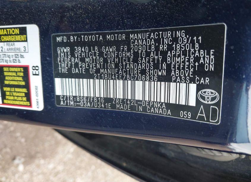 Photo 9 of 2011 Toyota Corolla LE (VIN 2T1BU4EE7BC706836)