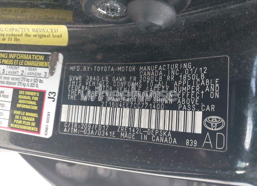 Photo 9 of 2012 Toyota Corolla S (VIN 2T1BU4EE7CC771400)