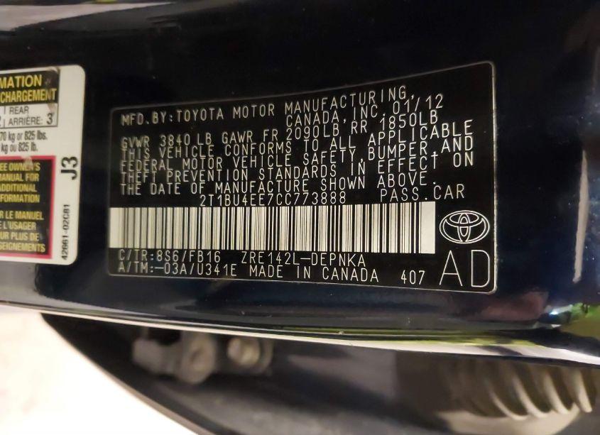 Photo 9 of 2012 Toyota Corolla LE (VIN 2T1BU4EE7CC773888)