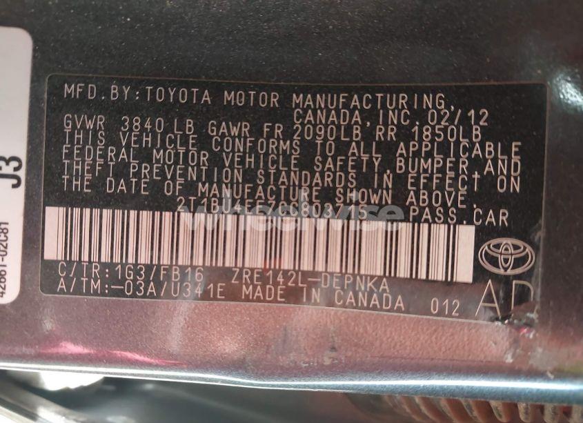 Photo 9 of 2012 Toyota Corolla LE (VIN 2T1BU4EE7CC803715)