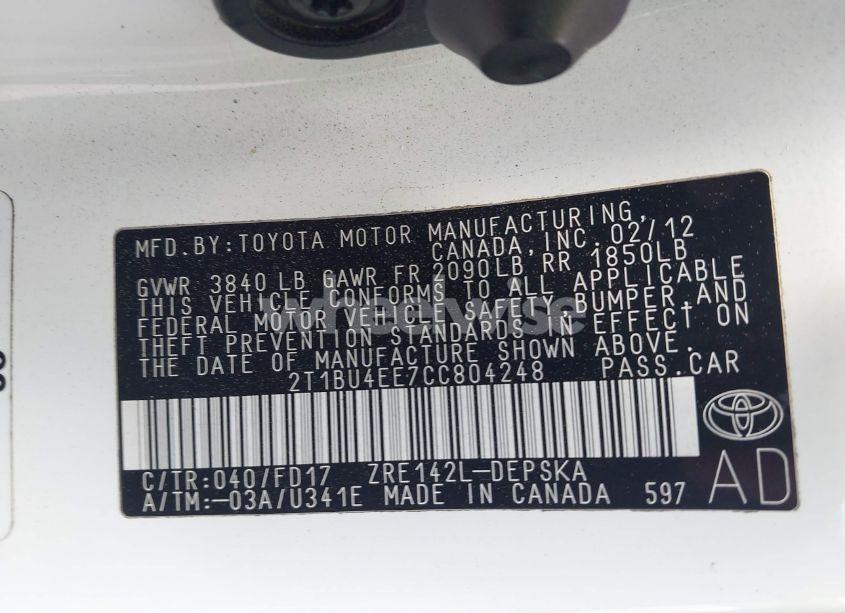 Photo 9 of 2012 Toyota Corolla S (VIN 2T1BU4EE7CC804248)