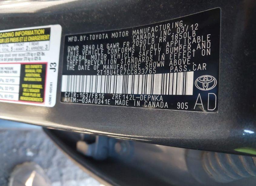 Photo 9 of 2012 Toyota Corolla LE (VIN 2T1BU4EE7CC833765)