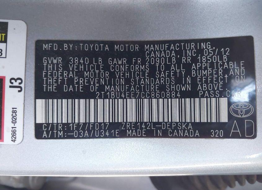 Photo 9 of 2012 Toyota Corolla S (VIN 2T1BU4EE7CC860884)