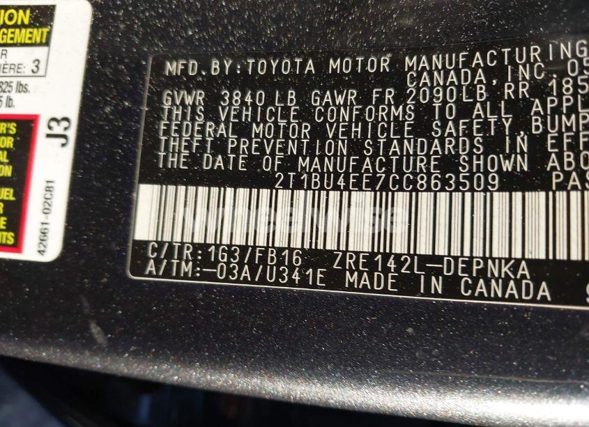 Photo 9 of 2012 Toyota Corolla LE (VIN 2T1BU4EE7CC863509)