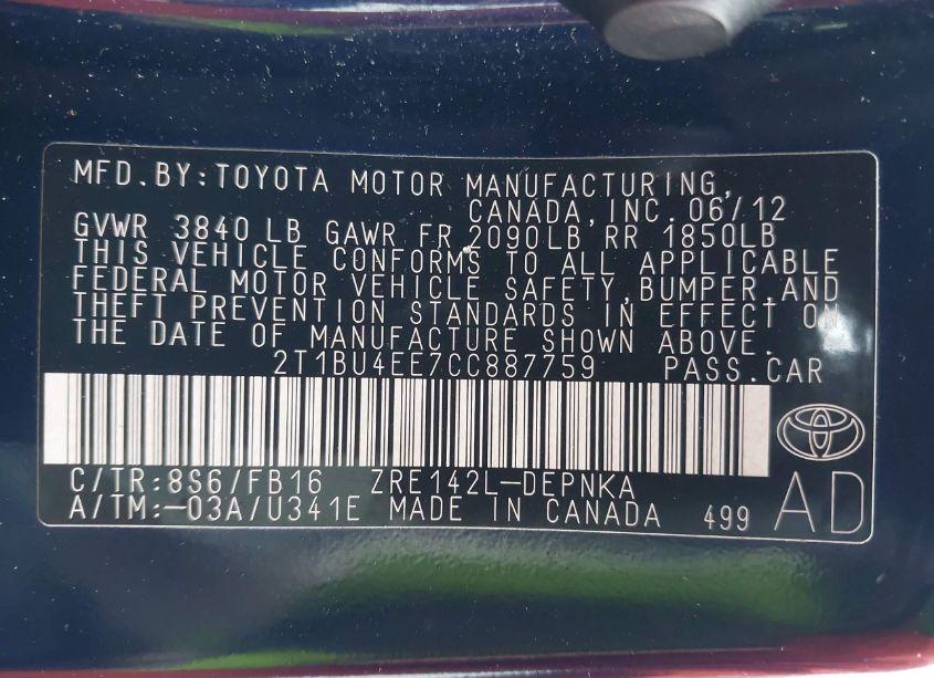 Photo 9 of 2012 Toyota Corolla LE (VIN 2T1BU4EE7CC887759)