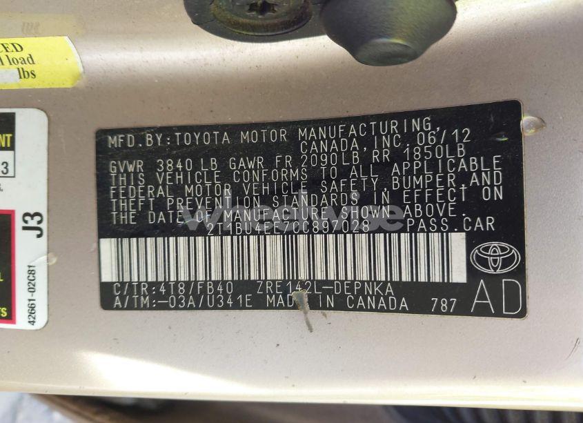 Photo 9 of 2012 Toyota Corolla (VIN 2T1BU4EE7CC897028)