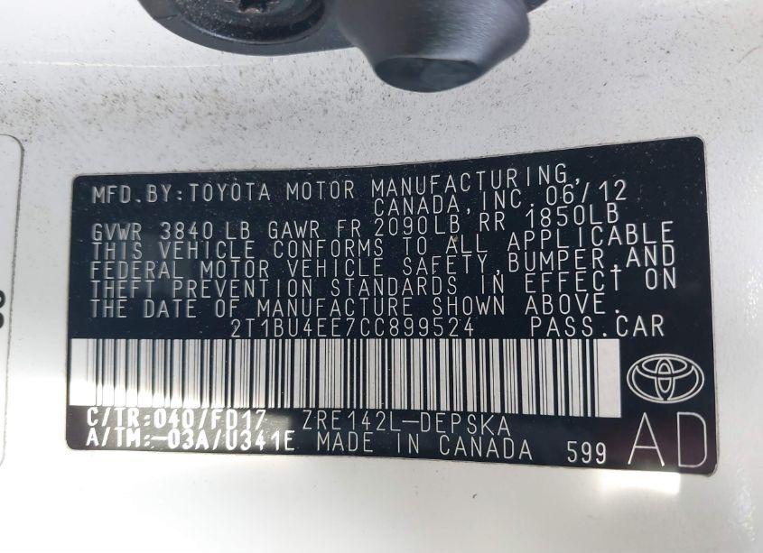 Photo 9 of 2012 Toyota Corolla S (VIN 2T1BU4EE7CC899524)