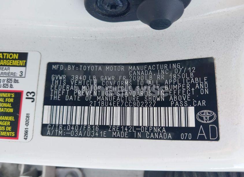Photo 9 of 2012 Toyota Corolla LE (VIN 2T1BU4EE7CC902227)