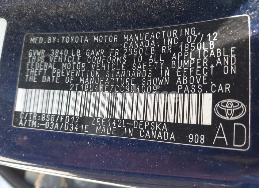 Photo 9 of 2012 Toyota Corolla S (VIN 2T1BU4EE7CC904009)