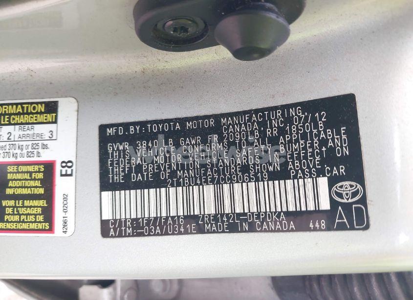 Photo 9 of 2012 Toyota Corolla L (VIN 2T1BU4EE7CC906519)