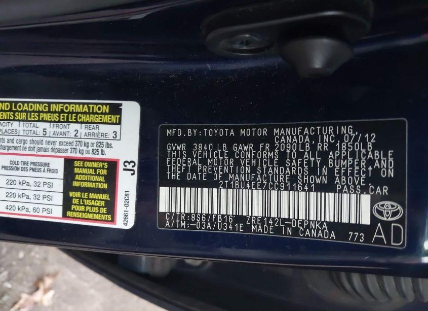 Photo 9 of 2012 Toyota Corolla LE (VIN 2T1BU4EE7CC911641)