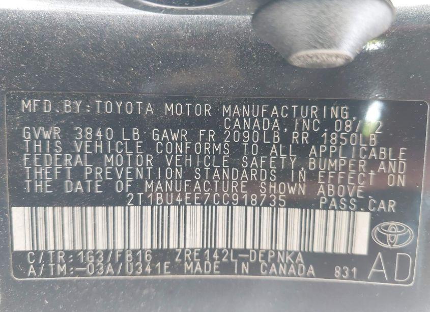 Photo 9 of 2012 Toyota Corolla LE (VIN 2T1BU4EE7CC918735)