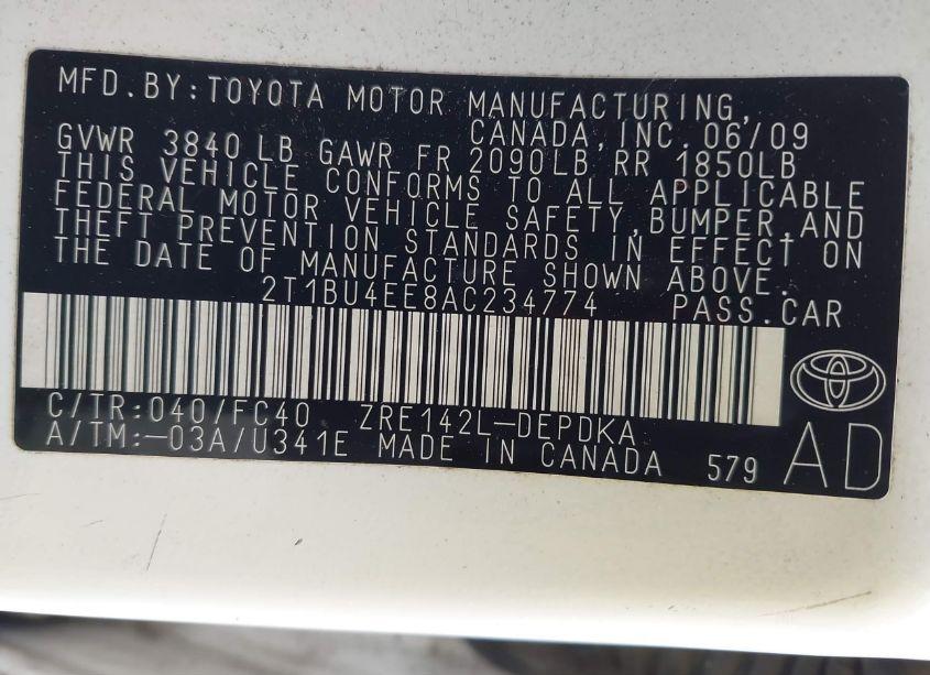 Photo 9 of 2010 Toyota Corolla LE (VIN 2T1BU4EE8AC234774)