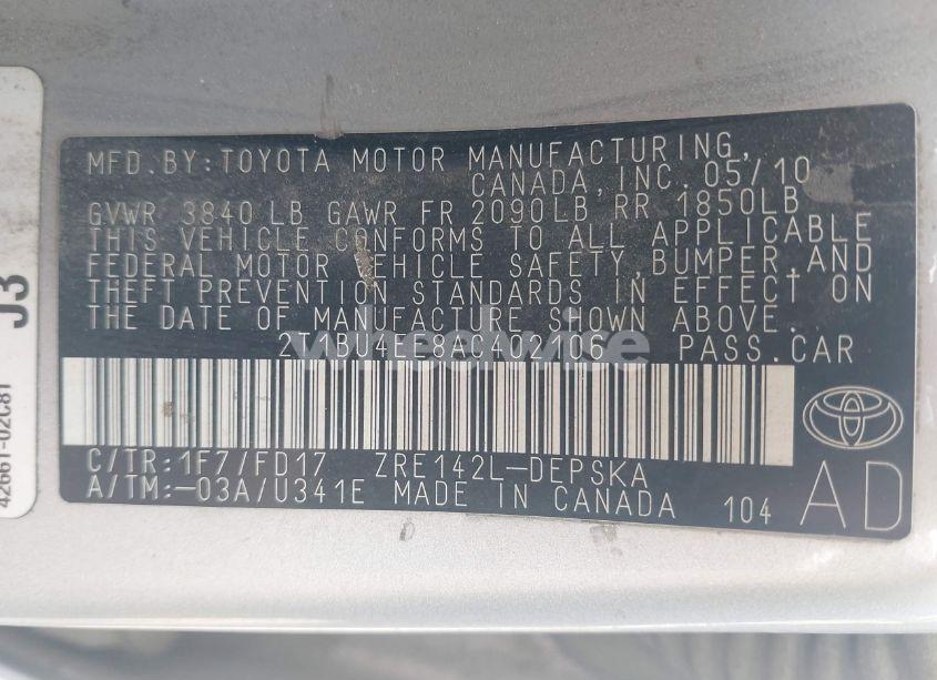 Photo 9 of 2010 Toyota Corolla S (VIN 2T1BU4EE8AC402106)